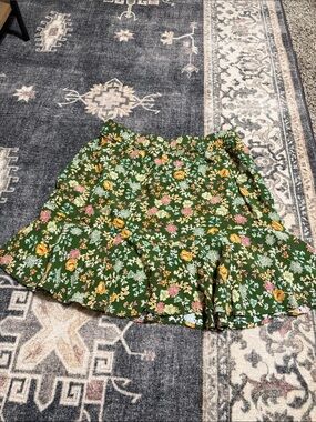 LOFT Green Floral Ruffle-Hem Midi Skirt